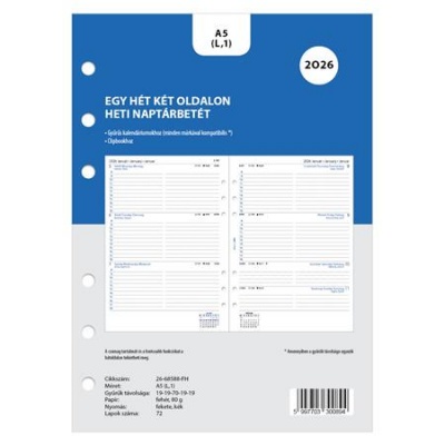 Kalendárium betét, tervező, Filofaxhoz, A5, heti, 1 hét/2 oldal, 2026