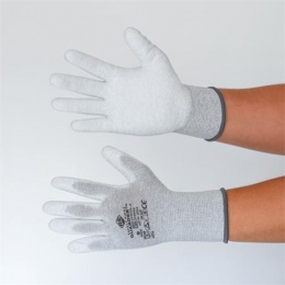 Védőkesztyű, karbonszálas, PU tenyerén mártott, M méret, fehér-szürke